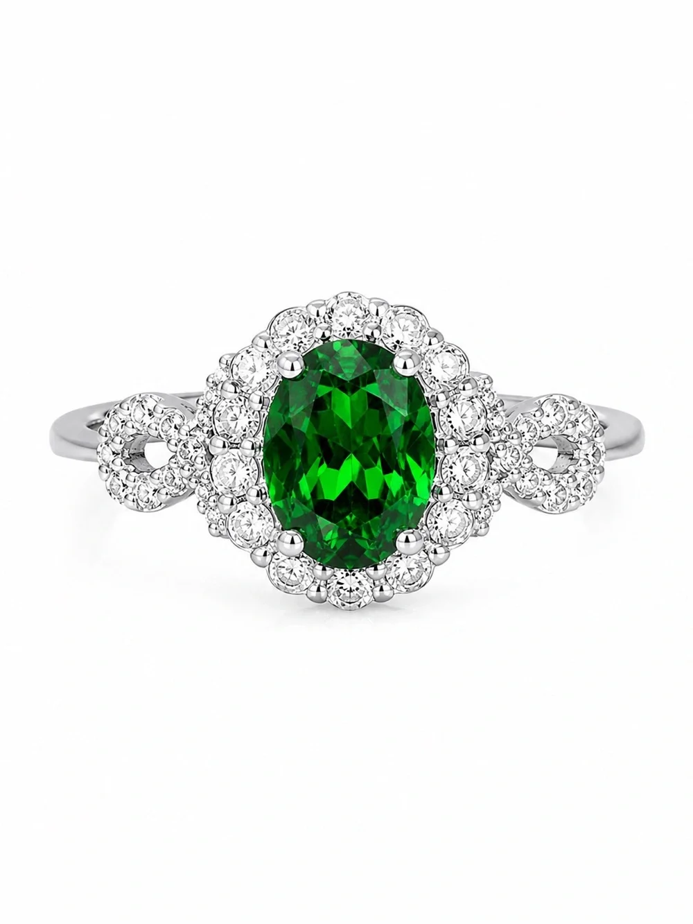 Lab Emerald Ring Sterling Silver Oval CZ Halo Moissanite Accents NWT Size 7.25